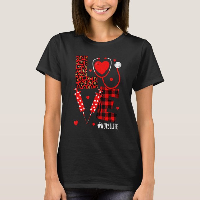 Love Heart Stethoscope Nurse Life Leopard Valentin T-Shirt (Front)
