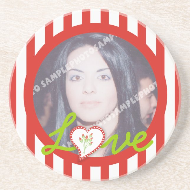 Love heart stripes Valentine's Day photo coaster (Front)