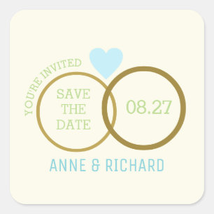 love heart & two wedding rings / save the date  square sticker