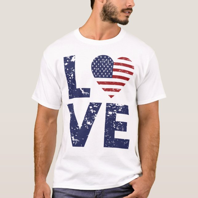 Love Heart USA, 4th of July, America Flag, USA T-Shirt (Front)