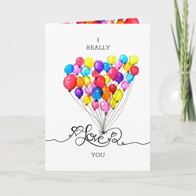 Love Heart Valentines BALLOON watercolor Holiday Card (Front)
