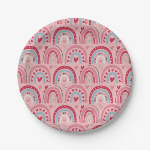 Love Heart Valentines Day Rainbow Round  Paper Plate