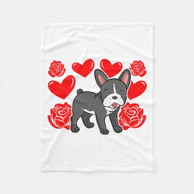 Love Heart Valentines Day Roses French Bulldog Bo  Fleece Blanket (Front)