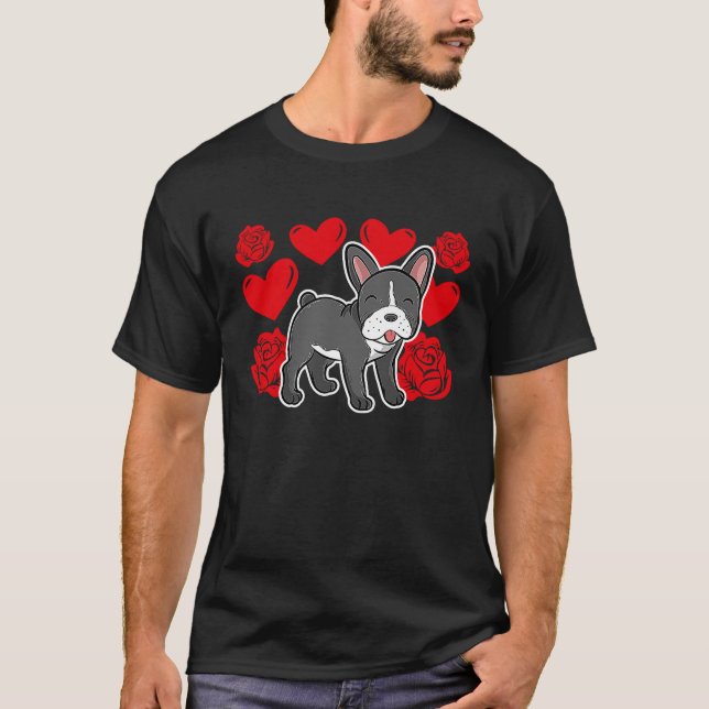 Love Heart Valentine's Day Roses French Bulldog Bo T-Shirt (Front)