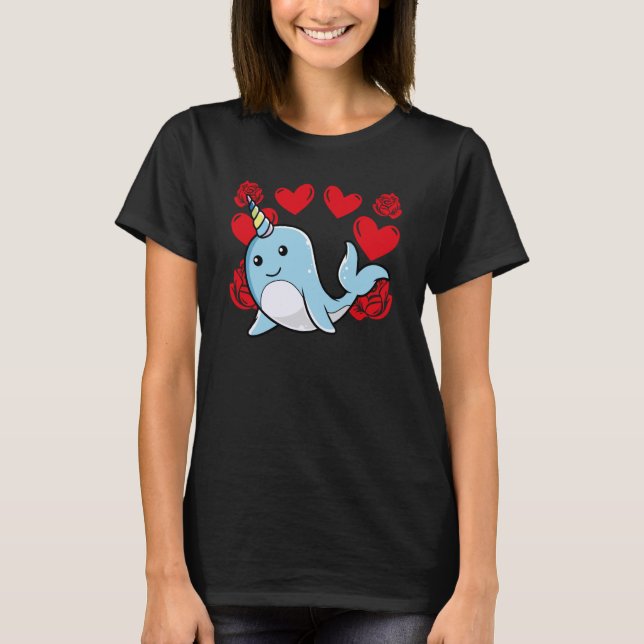 Love Heart Valentine's Day Roses Narwhal Boys Kids T-Shirt (Front)