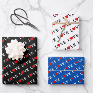 LOVE Heart White Black Blue Wrapping Paper Sheet