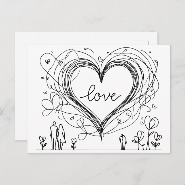 Love Heart with Hand-Drawn Lines  Postcard (Front/Back)