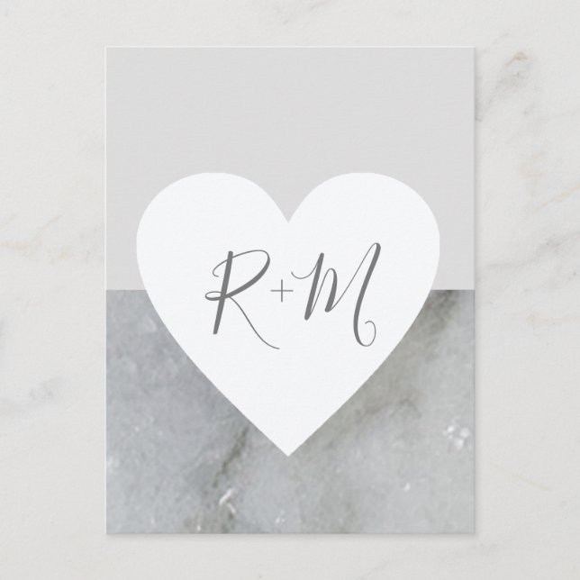 love heart with initials wedding marbled gray announcement postcard (Front)