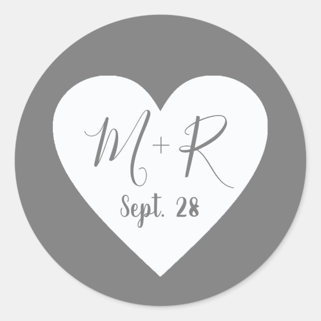  love heart with script initials wed grey classic round sticker (Front)