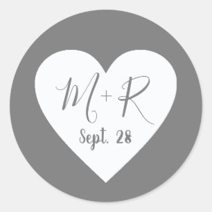 love heart with script initials wed grey classic round sticker