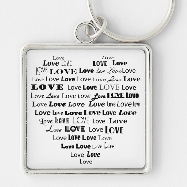 Love Heart Word Cloud - Black and White Key Ring (Front)