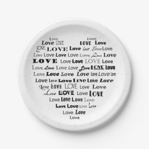 Love Heart Word Cloud - Black and White Paper Plate
