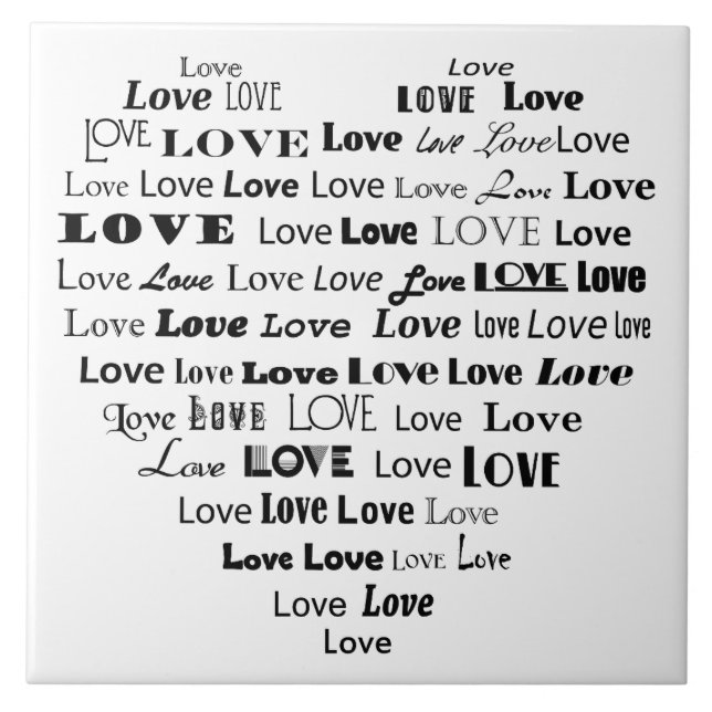 Love Heart Word Cloud - Black and White Tile (Front)