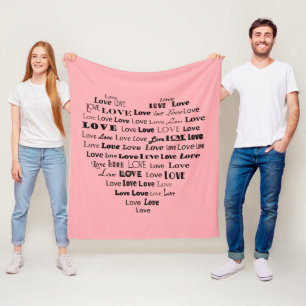 Love Heart Word Cloud - Black on Pastel Pink Fleece Blanket