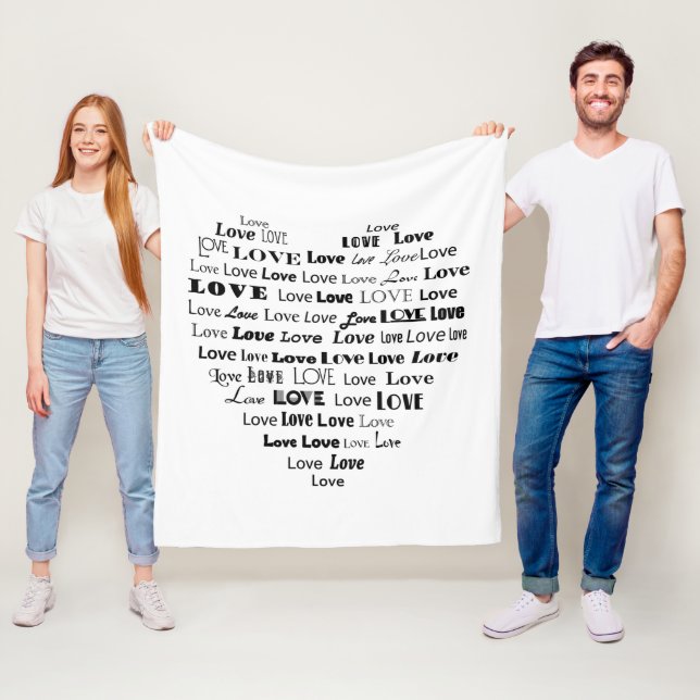 Love Heart Word Cloud - Black on White Fleece Blanket (In Situ)