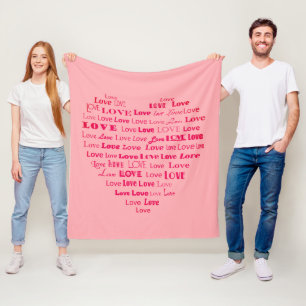 Love Heart Word Cloud - Fuchsia on Pastel Pink Fleece Blanket