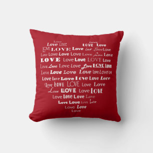 Love Heart Word Cloud - White on Dark Red Cushion