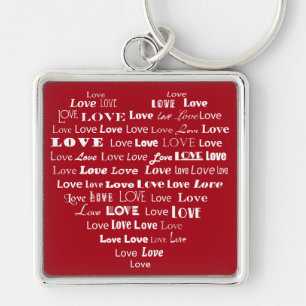 Love Heart Word Cloud - White on Dark Red Key Ring