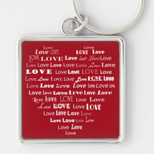 Love Heart Word Cloud - White on Dark Red Key Ring