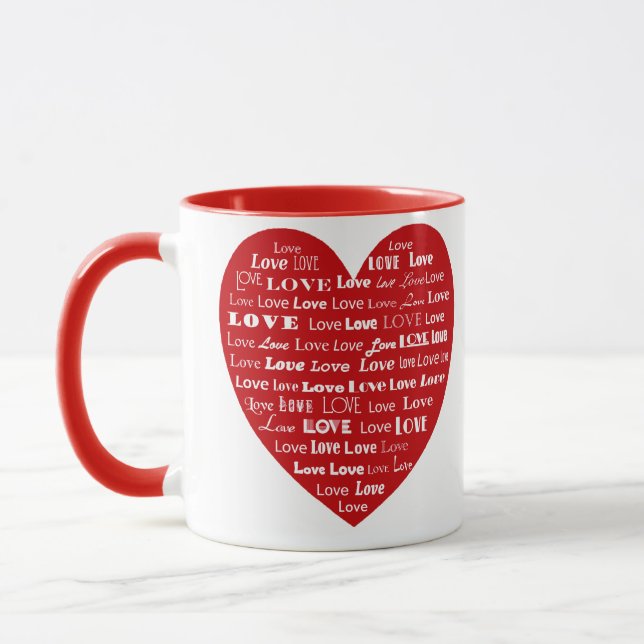 Love Heart Word Cloud - White on Dark Red Mug (Left)