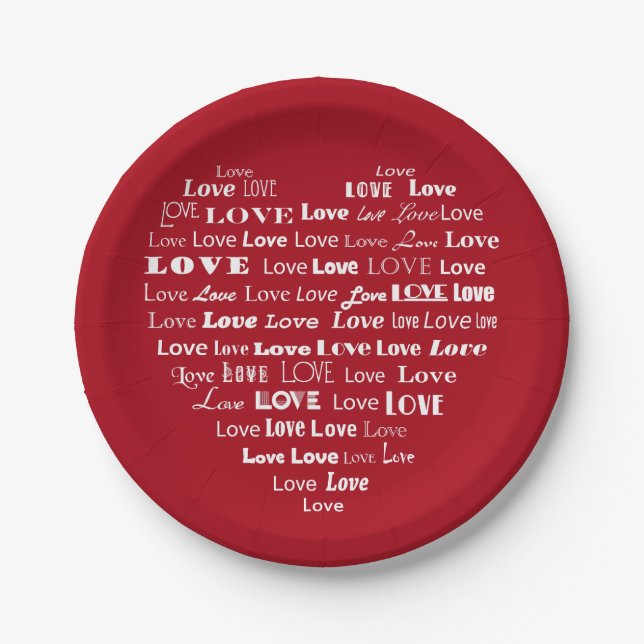 Love Heart Word Cloud - White on Dark Red Paper Plate (Front)