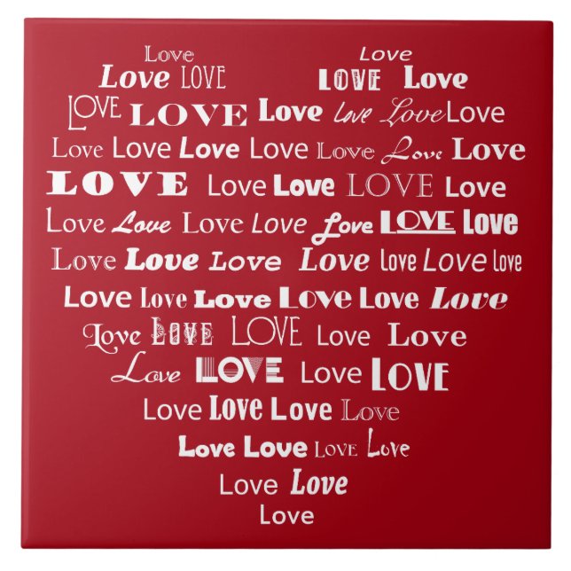 Love Heart Word Cloud - White on Dark Red Tile (Front)