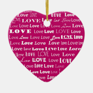 Love Heart Word Cloud - White on Fuchsia Pink Ceramic Tree Decoration