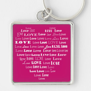 Love Heart Word Cloud - White on Fuchsia Pink Key Ring