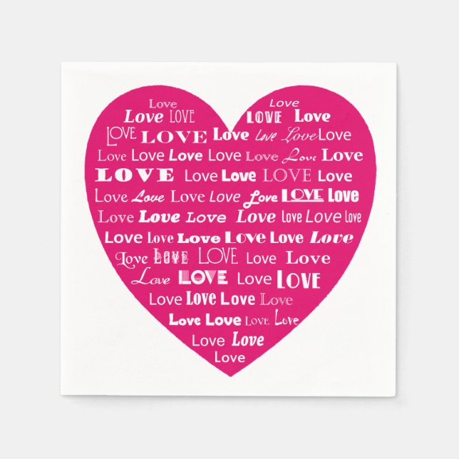 Love Heart Word Cloud - White on Fuchsia Pink Napkin (Front)
