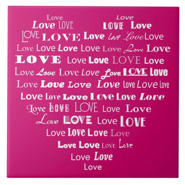Love Heart Word Cloud - White on Fuchsia Pink Tile (Front)