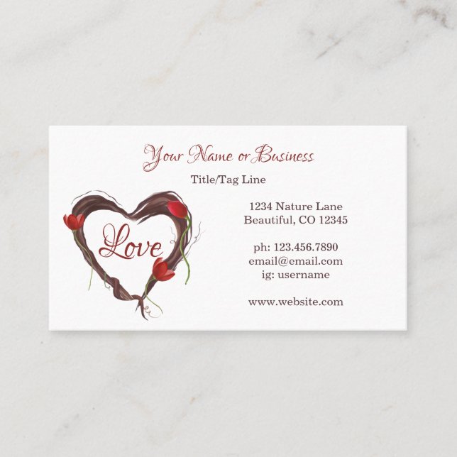 Love Heart Wreath with Red Tulips Business Card (Front)