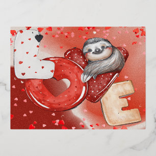 Love, Hearts And A Sloth Foil Holiday Postcard