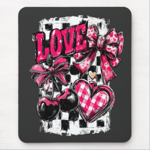 Love Hearts and Cherries Valentine Bow Mouse Mat