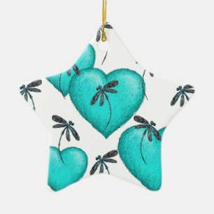 Love Hearts and Dragonflies Turquoise Ceramic Tree Decoration