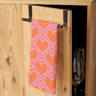 Love Hearts and Polka Dots pattern in Pink, Orange Tea Towel