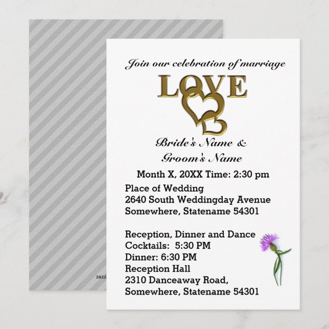 Love Hearts and Purple Thistle Wedding Invitation (Front/Back)