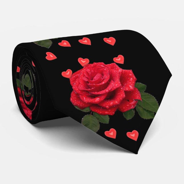 Love Hearts and Red Roses on Black Valentine's Day Tie (Rolled)