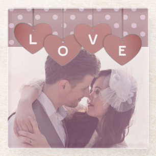 Love Hearts Banner Romantic Overlaid Custom Photo Glass Coaster