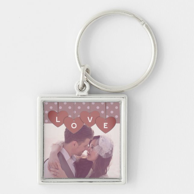 Love Hearts Banner Romantic Overlaid Custom Photo Key Ring (Front)