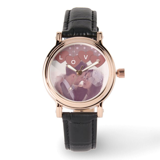 Love Hearts Banner Romantic Overlaid Custom Photo Watch (Front)