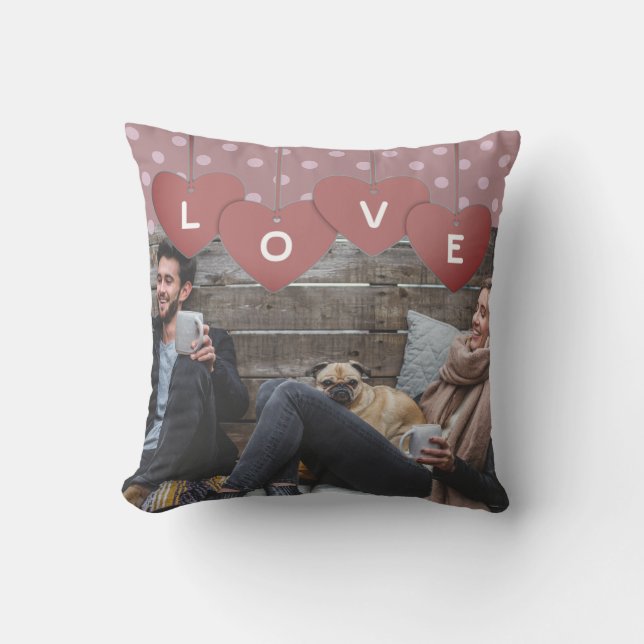 Love Hearts Banner Romantic Overlaid Photo Cushion (Front)