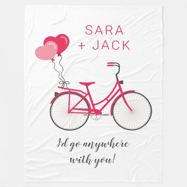 Love Hearts Bicycle Valentine Personalised Custom Fleece Blanket (Front)