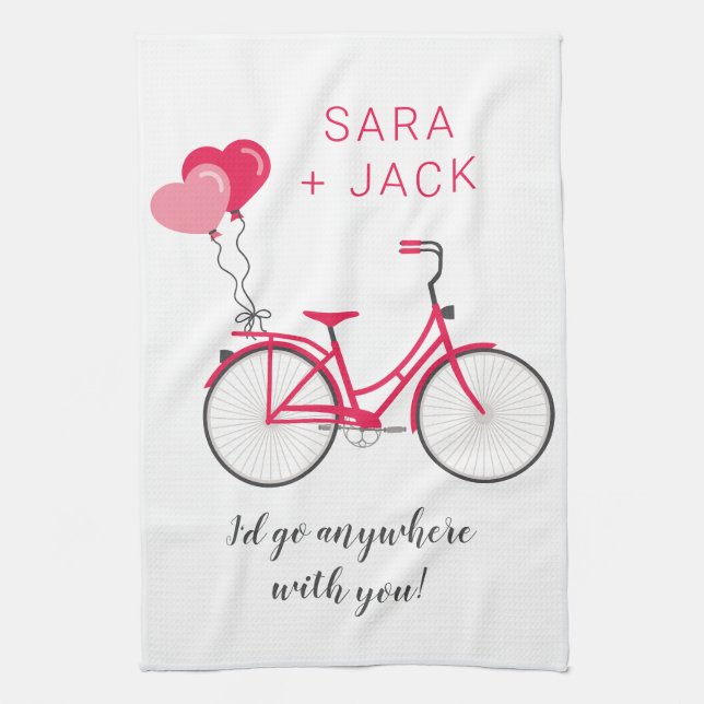 Love Hearts Bicycle Valentine Personalised Custom Tea Towel (Vertical)