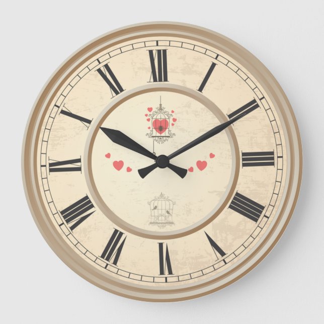 Love Hearts & Bird Cage  Large Clock (Front)
