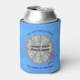 Love Hearts Blue Personalized Photo Can Cooler