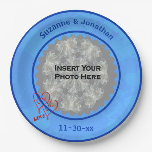 Love Hearts Blue Personalized Wedding Photo  Paper Plate