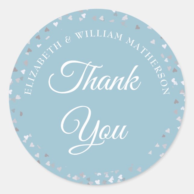 Love Hearts Confetti Script Thank You Classic Round Sticker (Front)