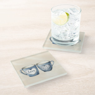 Love Hearts Cups Blue Jean Denim Glass Coaster