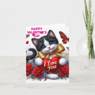 Love Hearts Cute Cat  and Roses Valentines Day Card