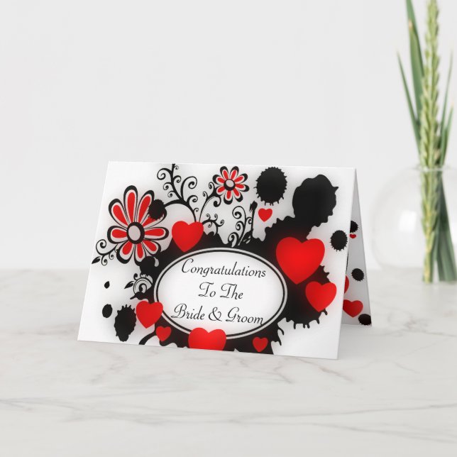 Love Hearts Flower Splats Red Black White Wedding Card (Front)
